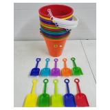 Lot of Colorful Beach Buckets & Shovels