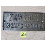 Cast Iron New York Insane Asylum Plaque
