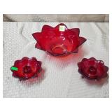 Fenton Amberina Red Lotus Bowl & Candle Holders
