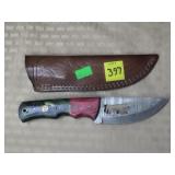 Damascus Steel Knife w/ Wolf Cutout & Leather