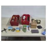 2 Red Storage Bins w/ Misc Hardware, Tools,