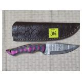Damascus Steel Knife w/ Purple, Black & Yellow