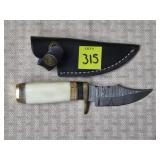 Damascus Steel Knife w/ White Handle & Leather