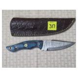Damascus Steel Knife w/ Teal Blue & Black Wood