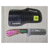 Damascus Steel Knife w/ Red, Green, Pink Wood