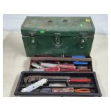 Green Metal Tool Box w/ Pipe Wrenches, Oil Spout