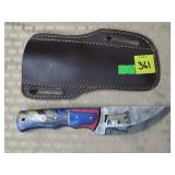 Damascus Steel Knife w/ Wolf Cutout & Leather