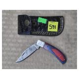 Damascus Steel Folding Knife w/ Leather Sheath