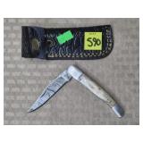 Damascus Steel Folding Knife w/ Leather Sheath