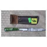 Damascus Steel Folding Knife w/ Leather Sheath