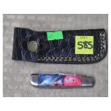 Damascus Steel Folding Knife w/ Leather Sheath