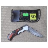 Damascus Steel Folding Knife w/ Leather Sheath