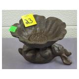 Cast Iron Bronze Finished Bunny Holding Flower Ash