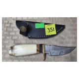Damascus Steel Knife w/ Leather Sheath & White