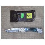 Damascus Steel Folding Knife w/ Leather Sheath