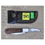 Damascus Steel Folding Knife w/ Leather Sheath