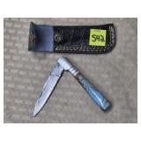 Damascus Steel Folding Knife w/ Leather Sheath