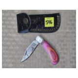 Damascus Steel Folding Knife w/ Leather Sheath