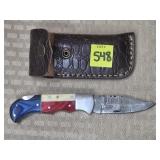 Damascus Steel Folding Knife w/ Leather Sheath