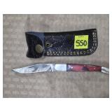 Damascus Steel Folding Knife w/ Leather Sheath