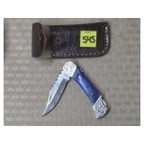 Damascus Steel Folding Knife w/ Leather Sheath