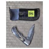 Damascus Steel Folding Knife w/ Leather Sheath
