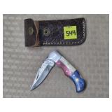 Damascus Steel Folding Knife w/ Leather Sheath