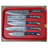 Lot of 5 Damascus Steel Kitchen Knives, 1 Cleaver