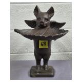 Cast Iron Bronze Finished Flying Pig Holding Leaf