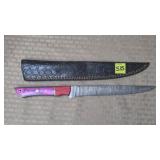 Long Damascus Steel Knife w/ Leather Sheath