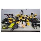 Large Lot of Dewalt Power Tools, Ryobi Chargers,