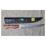 Long Damascus Steel Knife w/ Leather Sheath