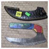 Damascus Steel Ulu Knife w/ Leather Sheath