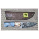 Damascus Steel Hunting Knife w/ Leather Sheath