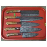 Lot of (5) Damascus Steel Kitchen Knives & Cleaver