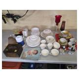 Ruby Glass Vases, Noritake M Dishes, Wood