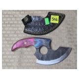 Damascus Steel Ulu Knife w/ Leather Sheath