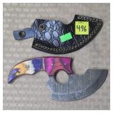 Damascus Steel Ulu Knife w/ Leather Sheath