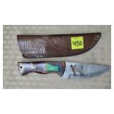 Damascus Steel Hunting Knife w/ Leather Sheath