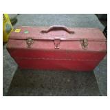 Vtg Red Metal Toolbox w/ Tools, Electronic Parts