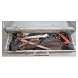 Vtg Wood Tool Box w/ Handsaws, Hammers, etc