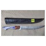 Long Damascus Steel Knife w/ Leather Sheath