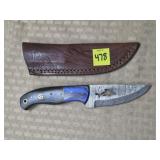 Damascus Steel Hunting Knife w/ Leather Sheath