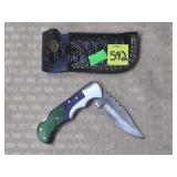 Damascus Steel Folding Knife w/ Leather Sheath