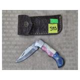 Damascus Steel Folding Knife w/ Leather Sheath