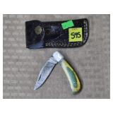 Damascus Steel Folding Knife w/ Leather Sheath