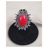 Red Coral German Silver Ring, Size 6