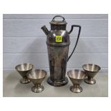 Vtg Art Deco Silverplated Cocktail Shaker w/ 4