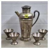 Vtg Nickel Silverplated Cocktail Shaker w/ 4