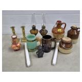 Pair of 2 Glass Mini Oil Lamps, Stoneware Pottery,